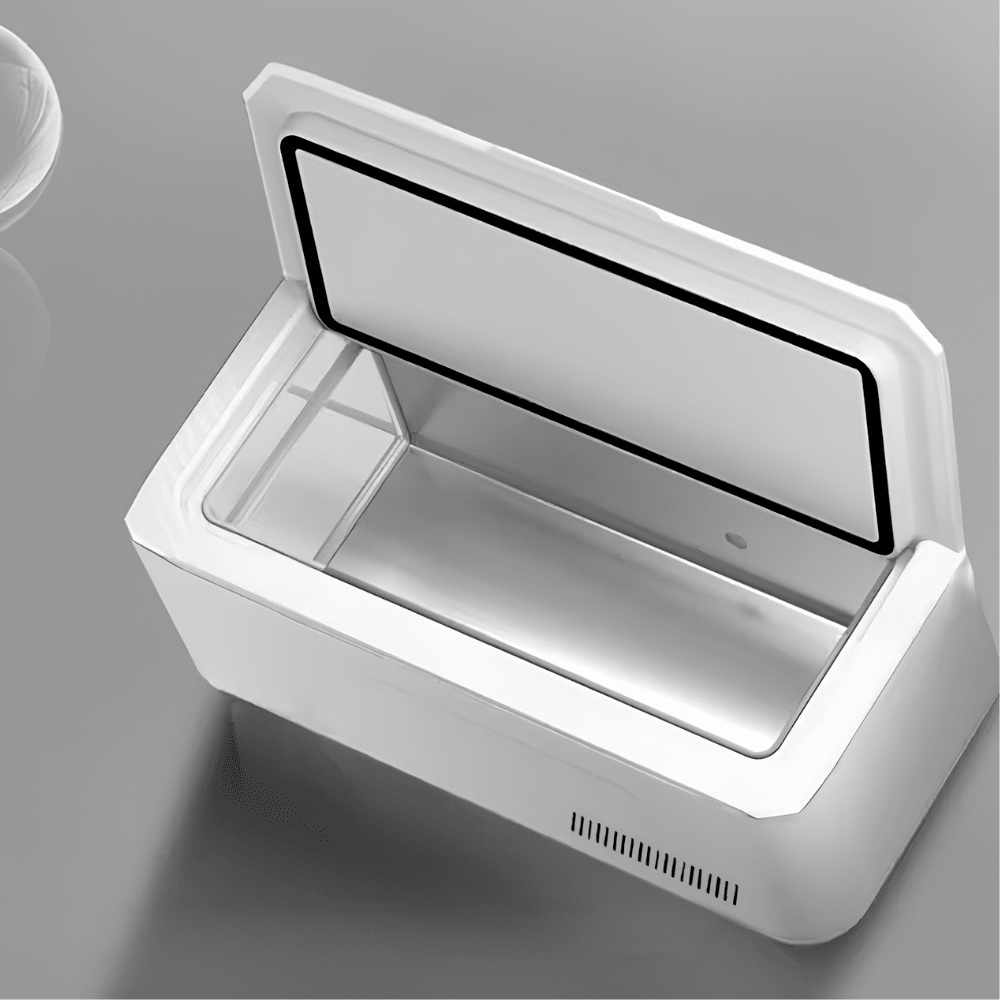 Portable Mini Fridge USB Cooler with Rechargeable Battery and LED Display, ideal for travel and desktop use, featuring a compact design for easy portability. 0